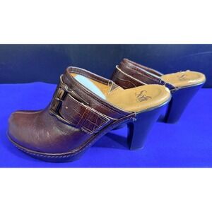 Sofft Women's Brown Leather Heeled Buckle‎ Clog Mules Size 8M